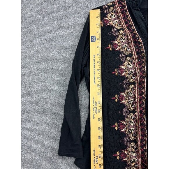 Reba Blouse Women's Small Black Multi Lace Trim Button Up 3/4 Roll Tab Sleeve - Picture 5 of 8